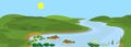Cartoon summer landscape with river, blue sky, green banks Royalty Free Stock Photo